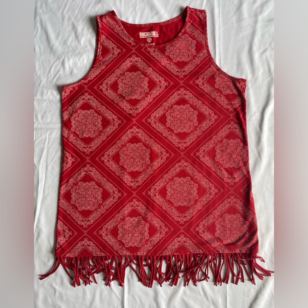 Rock & Roll Red Bandana Pattern Tank Top With Fringe Girls Sz XXL